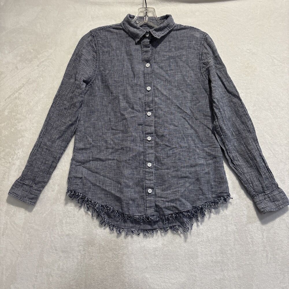 beachlunchlounge Linen Cotton Gingham Check Button-Up Shirt Raw Hem Blue White